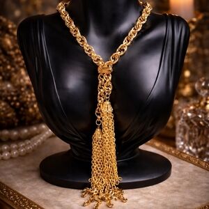 Vintage 80s Luxurious Gold Tassel Necklace with Intricate Chain